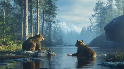 Bears fishing in rivers, calm forest, peaceful natural world, vibrant wildlife.