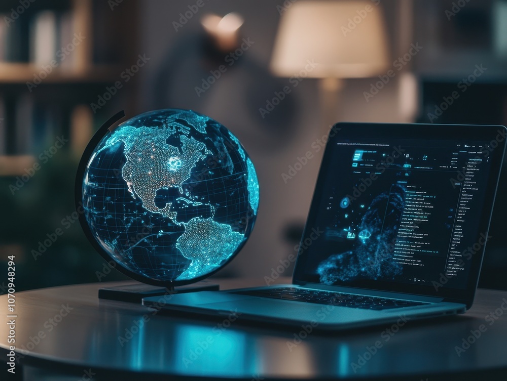 Poster a globe on the table next to an open laptop, representing global connectivity and technology in busi