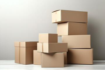 Obraz premium Stacked cardboard boxes in a minimalist indoor setting ready for organization or moving preparations. Generative AI