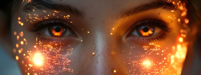 A close-up of the face and eyes of an AI humanoid robot, with digital circuit patterns glowing on its skin