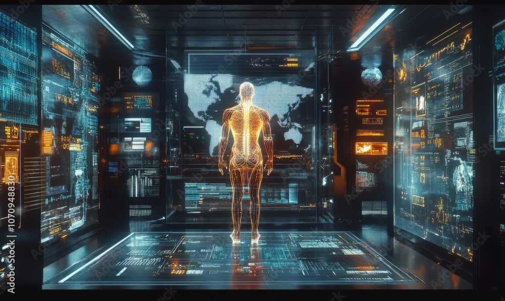 Poster a digital representation of the human body surrounded by data visualizations and scientific graphics