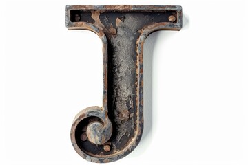 A close-up of a rusty metal letter J stuck on a white wall, with a distressed and worn-out...