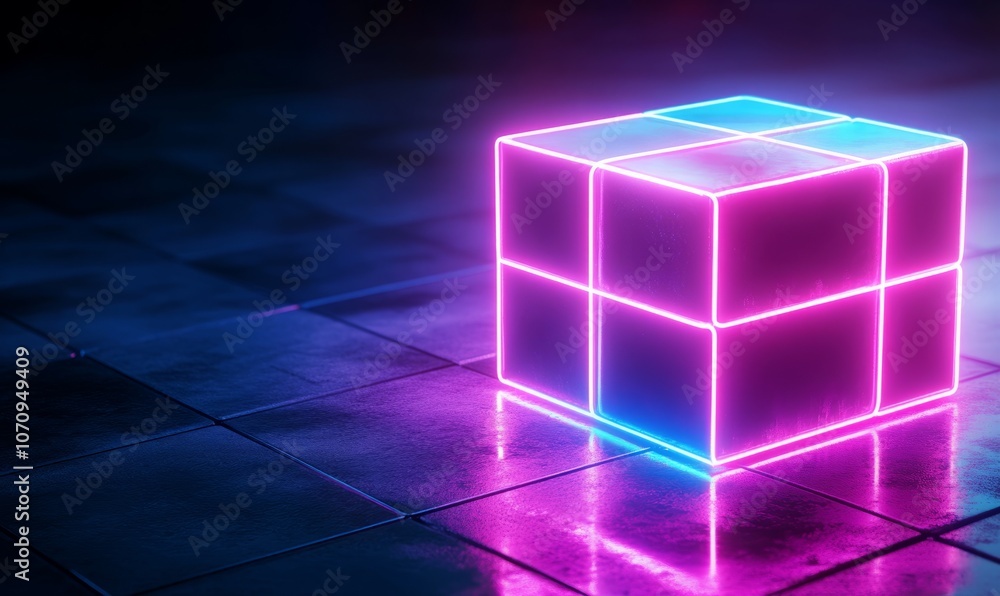 Poster abstract background of cubic box with glowing neon lines. glowing object inside the dark room. virtu