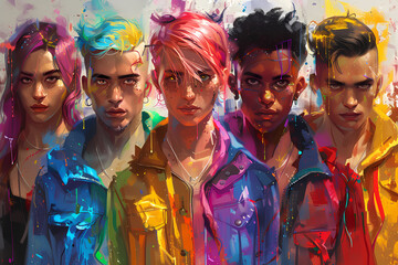 Fototapeta premium A vibrant group of five young adults with diverse hairstyles and colorful jackets, showcasing a sense of unity and individuality.
