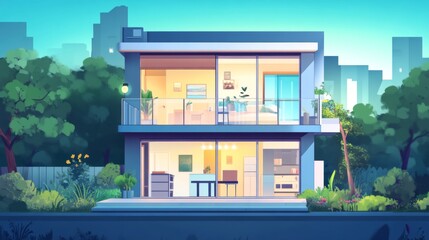 Modern House Exterior with Balcony and Cityscape