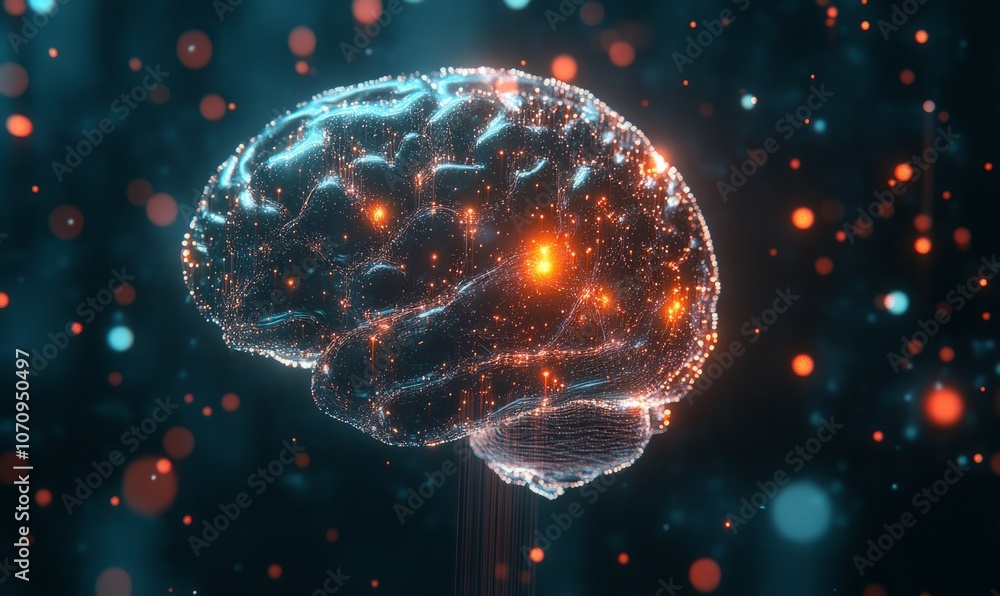 Poster advanced neural networks, abstract glowing brain, data streams, dark techfocused background