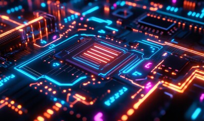 Obraz premium A close-up of a circuit board with glowing neon lines