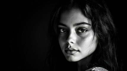 Fototapeta premium A black and white portrait with a dark background, shadow play, and soft lighting in a cinematic style