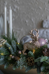 Christmas decoration with Deer figure, and accessories in festive home decor. Festive Decor, Christmas Decor, Winter Decor, Christmas Decorations.