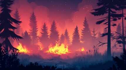 Fototapeta premium Forest Fire: Burning Trees and a Red Sky