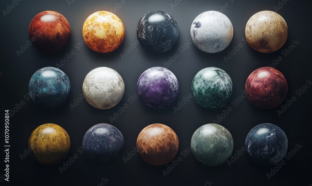 Poster a collection of 15 different planets, each with unique colors and surface textures, arranged in a fi