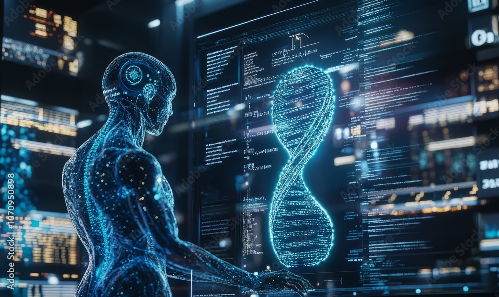 Poster ai analyzing human dna structure displayed as a hologram, representing the intersection of genetics 