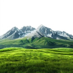 Naklejka premium Lush green grass is growing on rolling hills in front of snow capped mountains