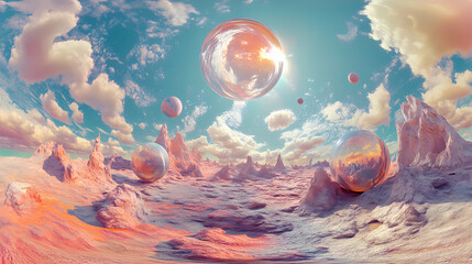 Hdri environment map featuring a spherical panorama background with abstract objects and a stylized sky in a 3d equirectangular illustration. Surreal. Illustration
