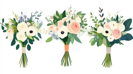 Naklejka premium Elegant Wedding Bouquets: White & Pink Roses with Green Foliage