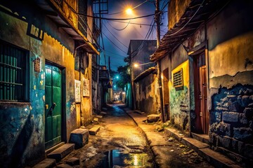 Fototapeta premium First-Person Perspective of a Night Walk Through Dangerous Slums in a Latin American City, Capturing the Grit and Reality of Urban Life in a Minimalist Style