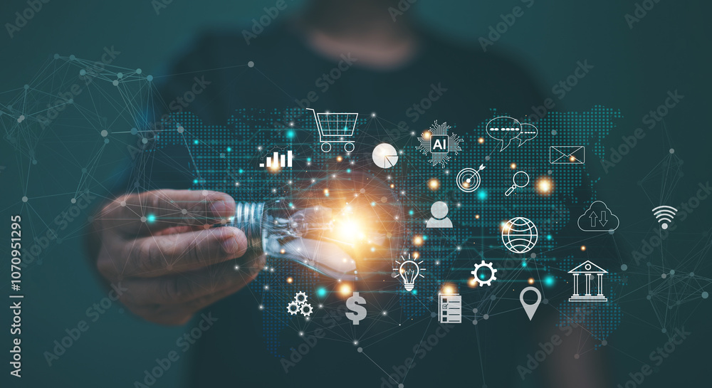 Poster Digital link tech. Business global internet connection application technology and digital marketing, Hand holding lightbulb with business icon on global network connection, Idea for business target.