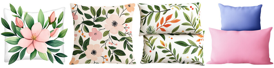 A vibrant collection of decorative pillows featuring floral patterns and solid colors in various shapes and sizes.