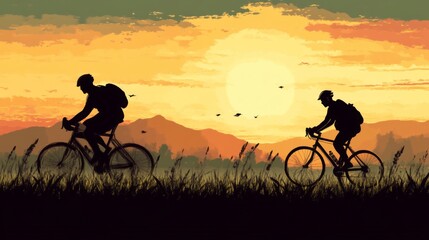 Silhouettes of Cyclists Against a Sunset Landscape