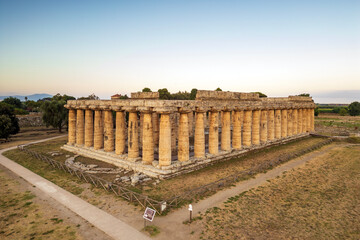 Aerial view of the Archaeological Park of Paestum. 
