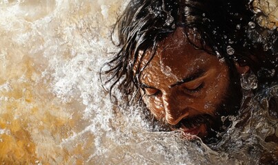An artistic depiction of Jesus being baptized, showing a peaceful expression as water flows over him, symbolizing spiritual renewal