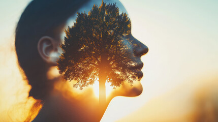 A double exposure image of a woman's profile with a tree growing inside her head.