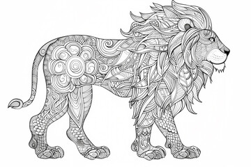Obraz premium A beautifully detailed black and white illustration of a lion, showcasing intricate patterns and artistic designs throughout its body.