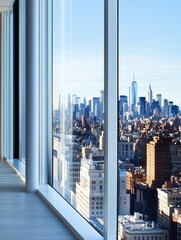 A stunning city skyline view from a modern office space with floor to ceiling windows