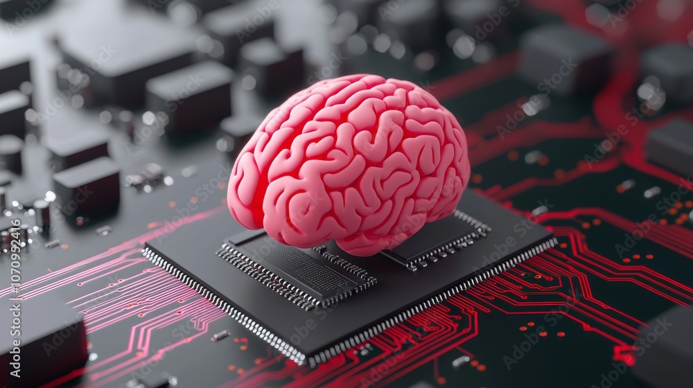 Poster human brain with embedded ai chips, representing the future of brain-computer interfaces.