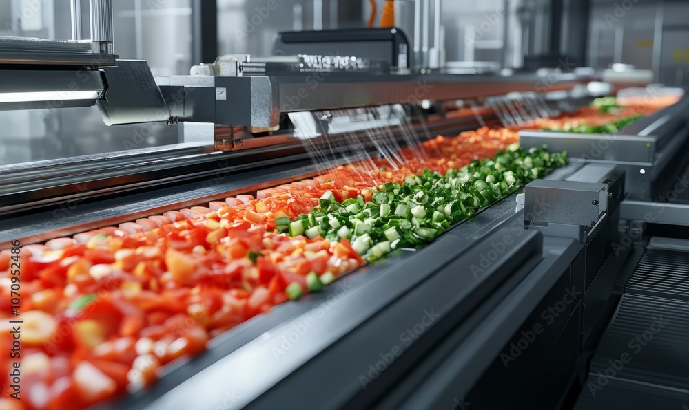 Poster automated food processing machines slicing vegetables in a highspeed production line, food slicing a