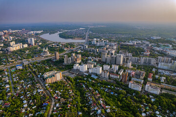 Ufa, Russia. Panorama of the city from the air during sunset. Cloudy weather. Aerial view