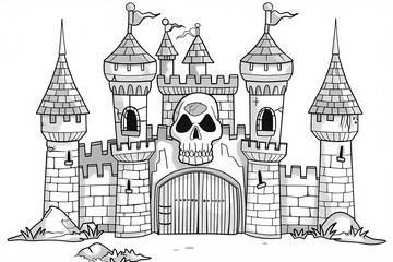A menacing black and white illustration of a castle with a skull motif, complete with towers and flags, evoking a sense of mystery.