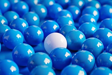 White ball standing out in a sea of blue balls, representing top talent, simple and clear backdrop