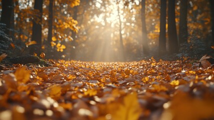 Sunlight through trees with autumn leaves on ground.
