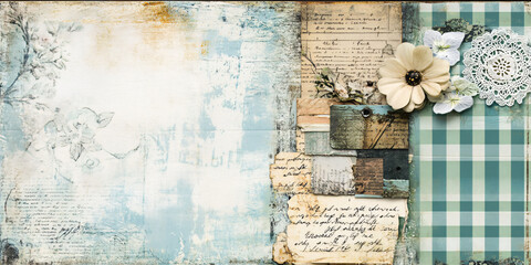 A junk journal page with distressed edges, featuring faded green and blue checkered patterns on the right side of each double-page spread