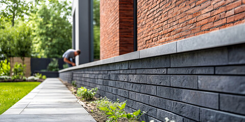 A modern, stylish concrete or brick low wall with sleek, clean lines, designed for a contemporary garden or residential space