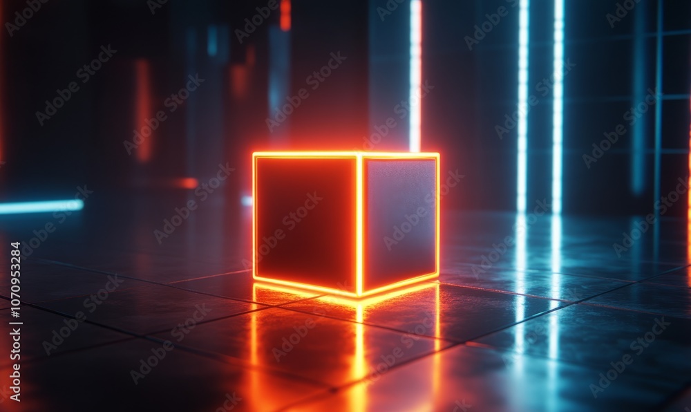 Poster abstract background of cubic box with glowing neon lines. glowing object inside the dark room. virtu