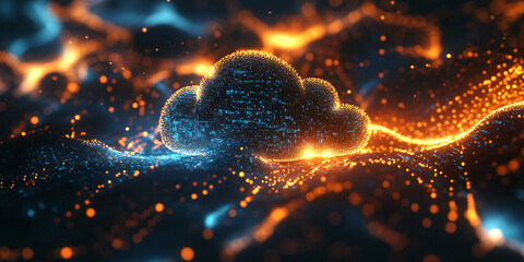 Abstract motion of digital data flow in a futuristic web hologram with cloud icon, blue golden light digits, and code background. Business digital technology web futuristic hologram.