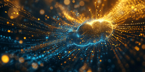 Abstract motion of digital data flow in a futuristic web hologram with cloud icon, blue golden light digits, and code background. Business digital technology web futuristic hologram.