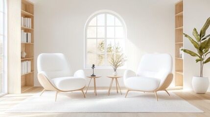 Bright and inviting podcast studio featuring midcentury modern design with white chairs and alcove bookshelves