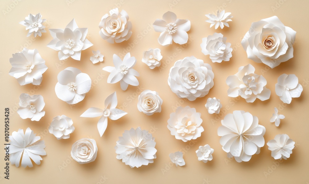 Poster a flat lay image of white paper flowers arranged on a beige background with ample negative space on 