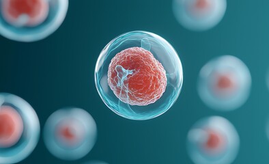 Micrographs of cells from the body. Scientists are studying stem cells. Cellular therapy and regeneration. 3D illustration.