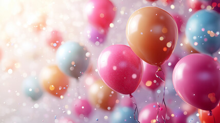 Multicolored balloons with sparkles and confetti on soft pastel background