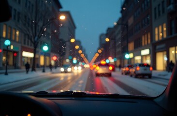 Naklejka premium Snowy day in the car, blurry view through the windshield, snowflakes on the windshield, snow in the city