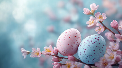Fototapeta premium Pink and blue speckled Easter eggs with cherry blossoms