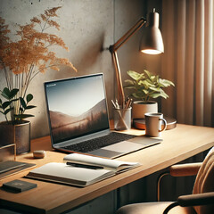 Modern Home Office Workspace with Laptop and Cosy Decor