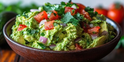 Fresh Homemade Guacamole in Rustic Bowl with Avocado, Tomato, Onion, Cilantro Highlighted - Perfect Mexican Appetizer for Tacos, Chips, Cinco de Mayo