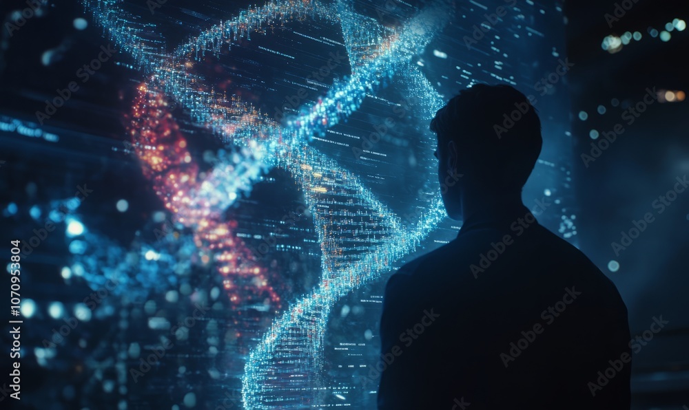 Poster ai analyzing human dna structure displayed as a hologram, representing the intersection of genetics 