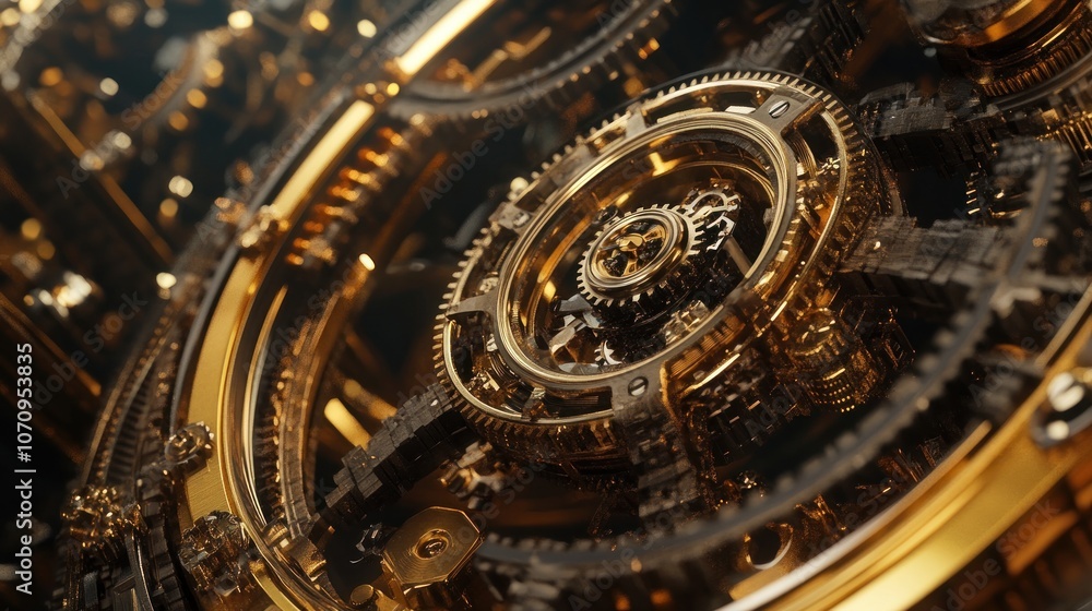 Poster intricate golden gears and mechanisms showcasing engineering precision and design.