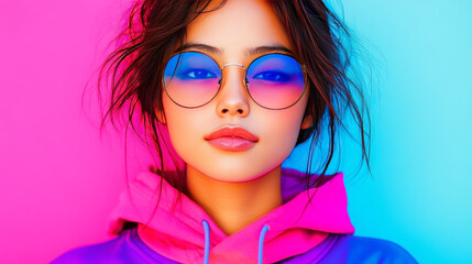 Young woman in a pink hoodie and sunglasses looking directly at the camera.
